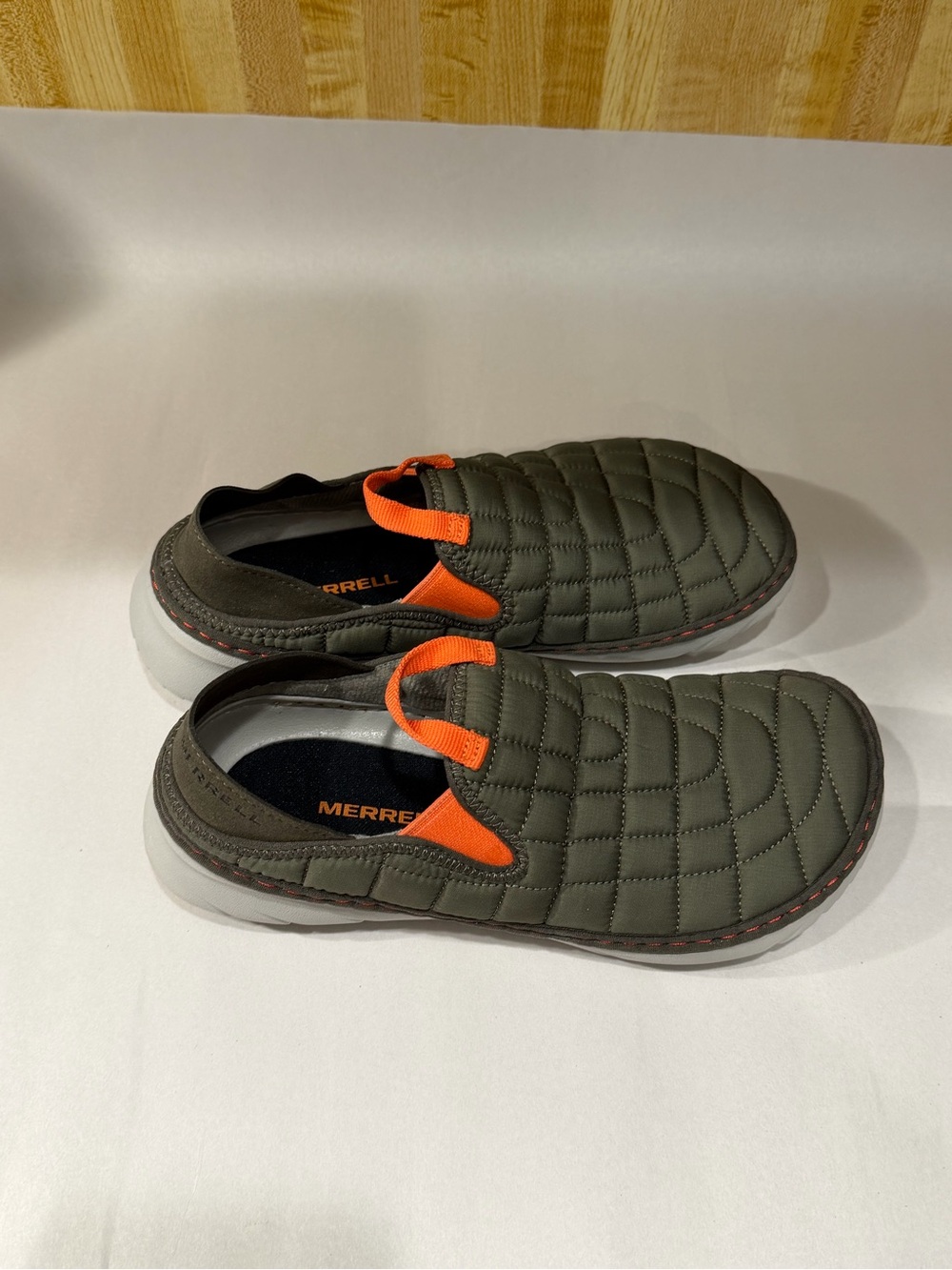 Merrell Men's Olive  Mac moccasin Quilted Slip-On Shoes with Orange Accents